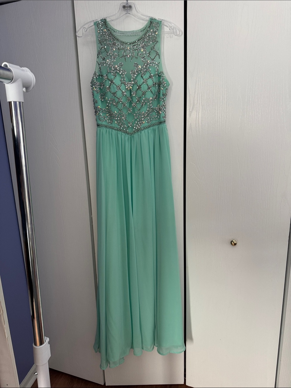 Embellished Mint Evening Dress - Sleeveless Beaded Bodice